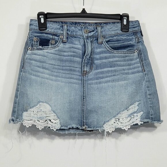 American Eagle  Hi-Rise Festival  Distressed Denim Mini Skirt Size 2 - Picture 1 of 4
